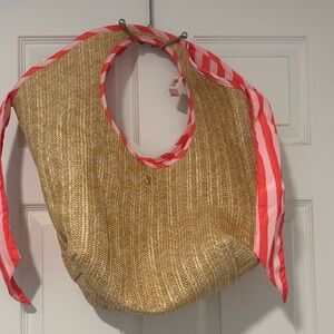 Victoria's Secret Straw Tote with Pink and Coral Stripe Trim